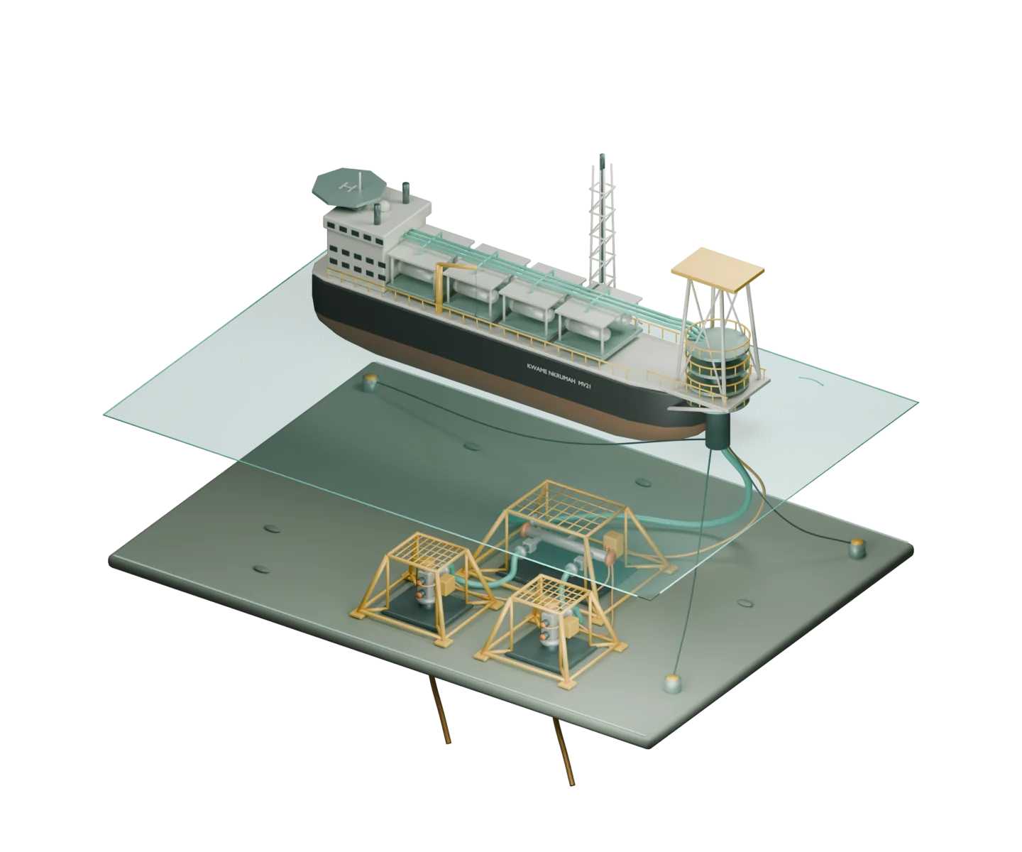 Simplified FPSO Kwame Nkrumah MV21 with a bow turret and connected risers, above a manifold, two subsea Christmas trees and their wells. Subsea arrangement and water depth are illustrative.