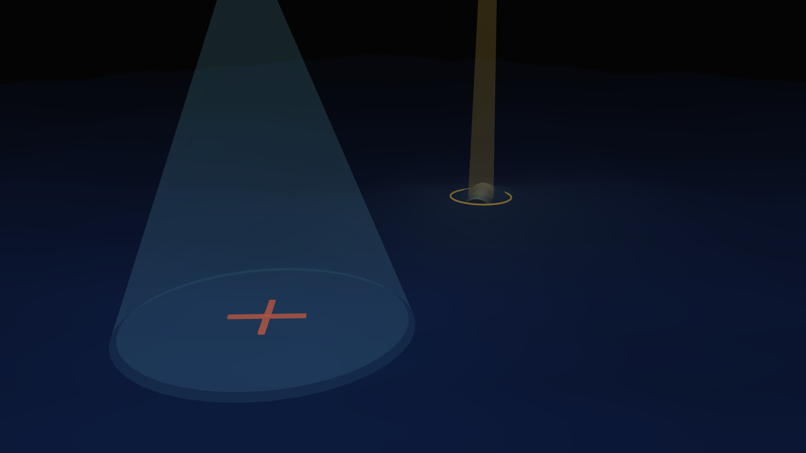 A survey vessel's sonar cone lights up empty seabed marked with an X, while a beacon two kilometres away stands over the half-buried asset the register knew about.