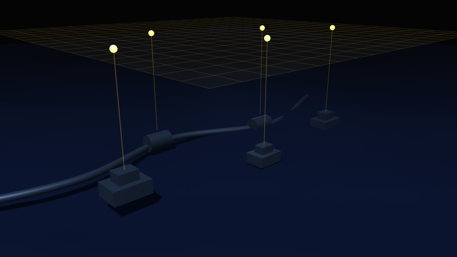 Subsea manifolds and a pipeline on the seabed, each tied by a thread to its entry on a register plane hovering above; one dark, half-buried asset sits outside it.